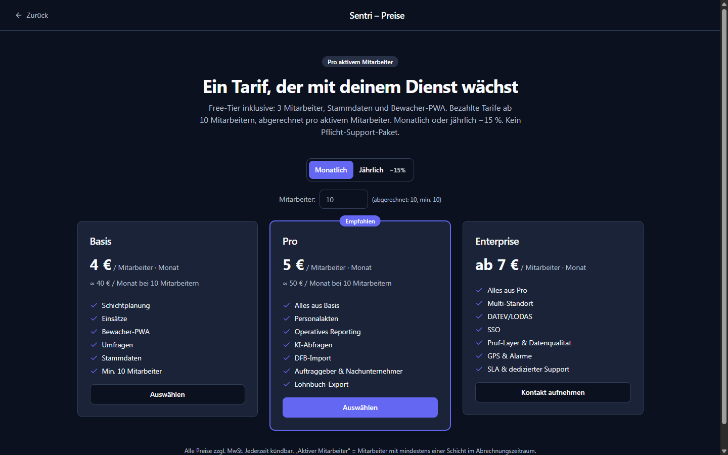 Preisseite /pricing mit Zahlweise-Umschalter, Feld „Mitarbeiter:" und den drei Karten Basis/Pro/Enterprise,…