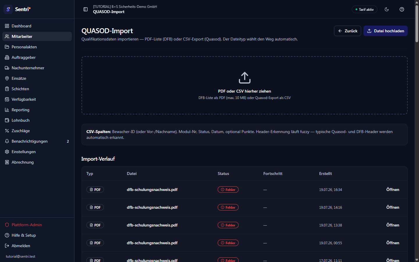 QUASOD-Import-Startseite mit Drop-Zone „PDF oder CSV hierher ziehen" und darunter der Import-Verlauf mit ge…