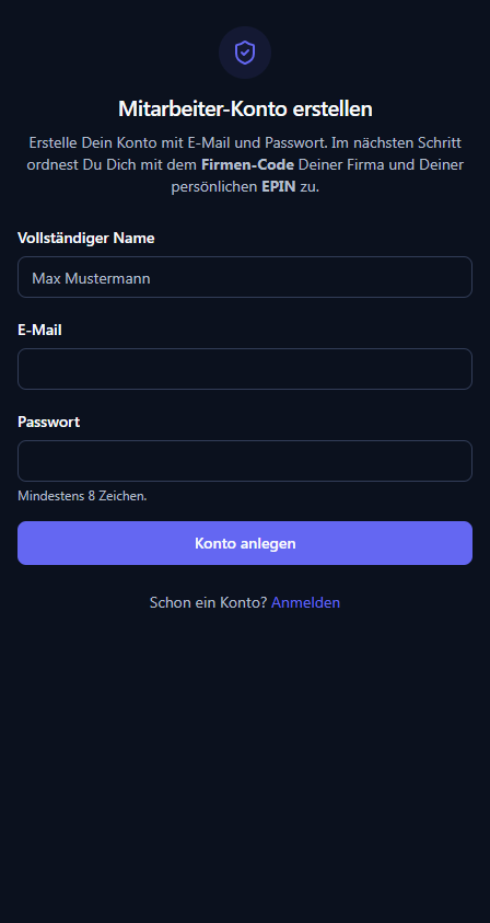 /me/signup Formular mit den Feldern Vollständiger Name, E-Mail, Passwort und Button „Konto anlegen"