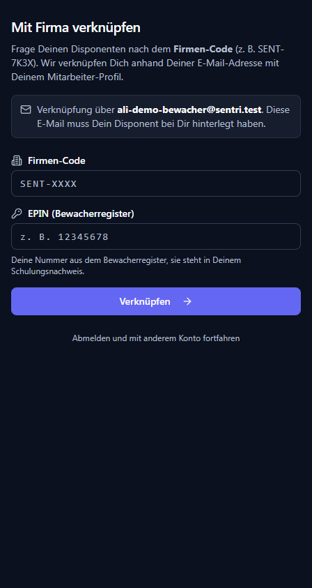 /me/claim Bildschirm „Mit Firma verknüpfen" mit Feld Firmen-Code, eingeblendetem EPIN-Feld und Button „Verk…