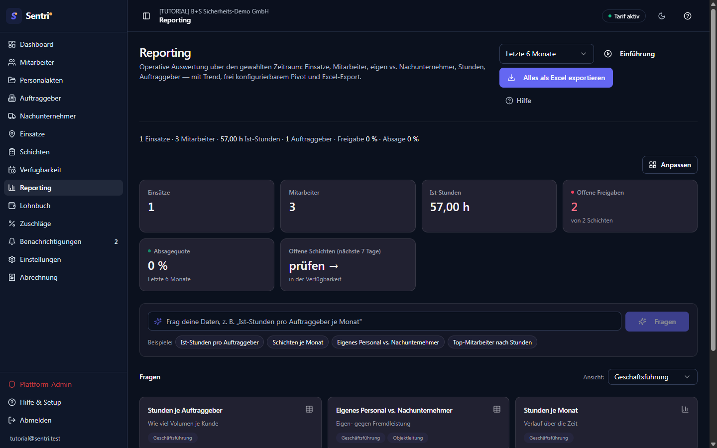 Reporting-Landing im Galerie-Modus — KPI-Kachelzeile oben, KI-Freitext-Feld, „Ansicht"-Dropdown, darunter d…